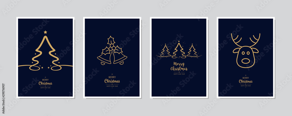 Merry Christmas modern card set elements greeting text lettering blue ...