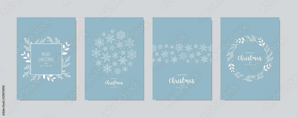 Merry Christmas modern elegant card set greetings fir pine branches and snowflakes on blue ice background