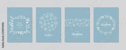 Merry Christmas modern elegant card set greetings fir pine branches and snowflakes on blue ice background