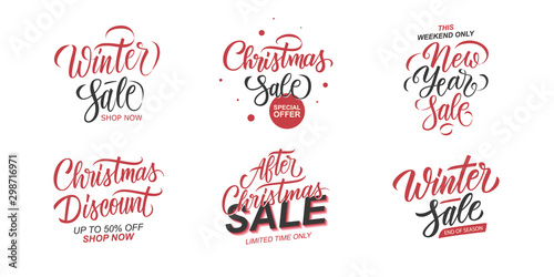 Winter Sale and Christmas Sale promotional set. Winter Holidays season special offer templates with hand lettering for business, xmas shopping, discount promotion and advertising. Vector illustration.
