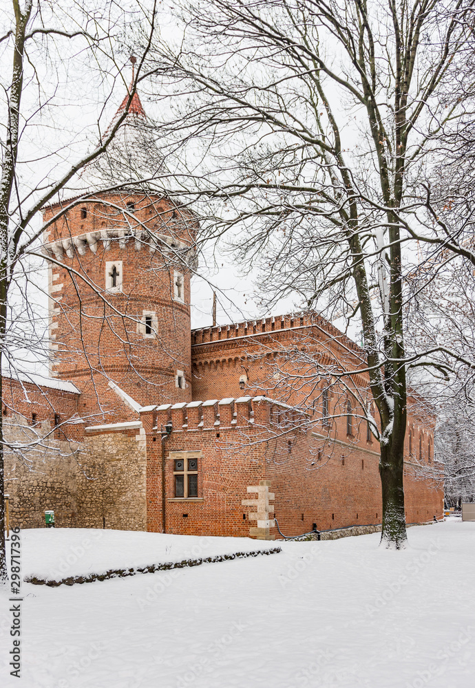 Krakow, Poland, Planty park and medieval city walls in snow