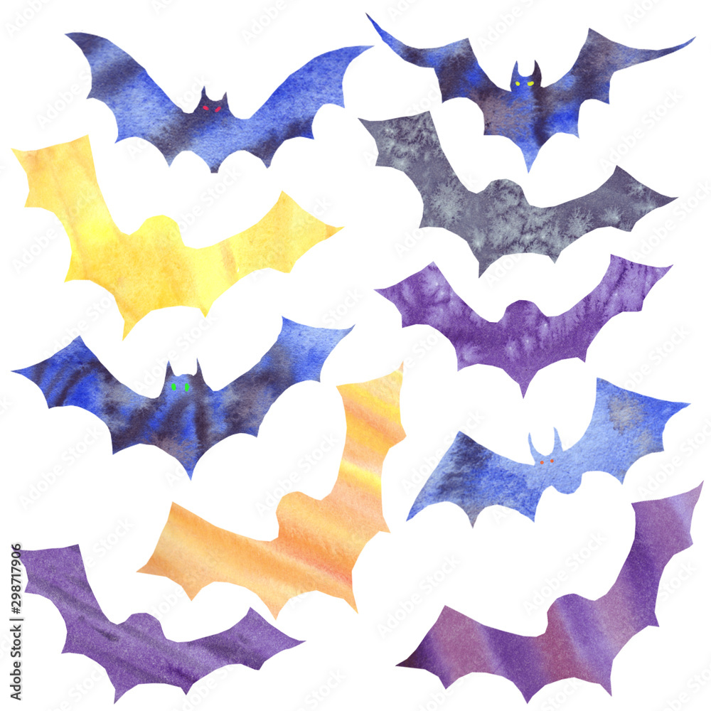 Set of multi-colored silhouettes of bats for the holiday Halloween.