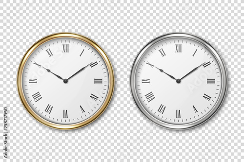 Vector 3d Realistic Metal Golden and Silver Wall Office Clock Icon Set Closeup Isolated on Transparent Background. Design Template for Mockup. Front or Top View