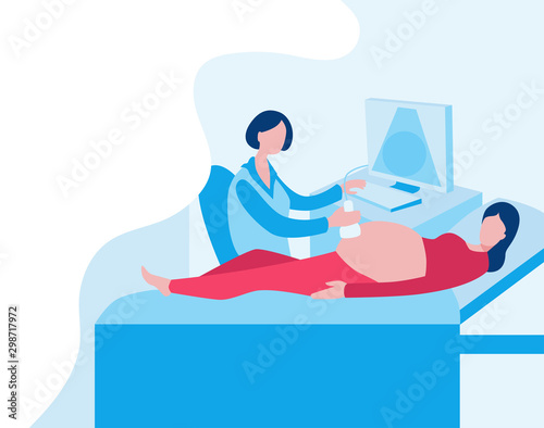 The doctor makes an ultrasound of a pregnant woman.