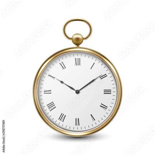 3d Realistic Metal Golden Old Vintage Pocket Watch with Roman Numerals Icon Closeup Isolated on White Background. Antique Clock Face, Design Template, Stock Vector Illustration