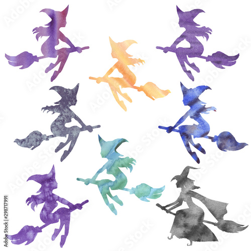 Set of multi-colored silhouettes of witches on a broomstick for the holiday Halloween.