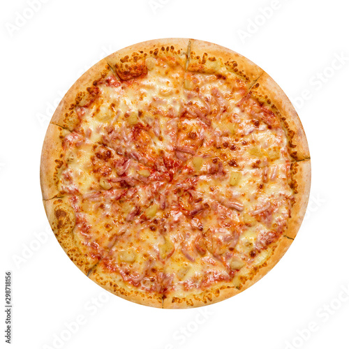 Hawaiian Pizza isolated on a white background. Pizza with meat, ham, pepper and pineapple. Top view.