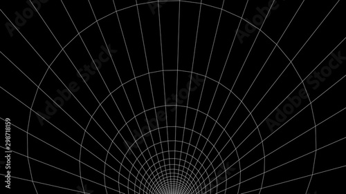 Vector perspective grid with a circular structure. Detailed lines on black background.