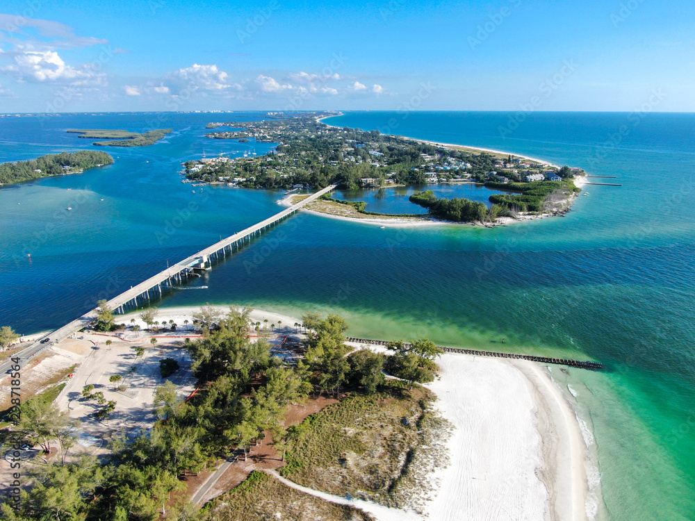 Aerial view of bridge between Anna Maria Island and Longboat key, barrier island on Florida Gulf Coast. Manatee County. USA
