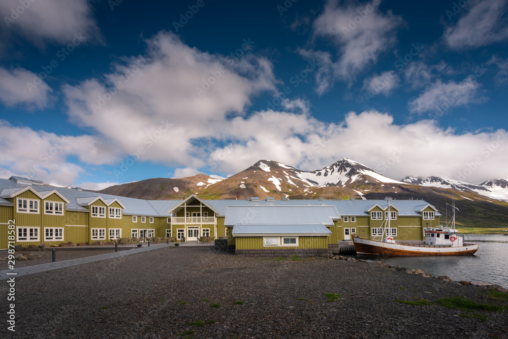 Typical Icelandic wooden fishing boat in the Siglufjörður bay