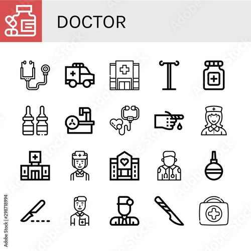 Set of doctor icons such as Medicine, Stethoscope, Ambulance, Hospital, Iv pole, Pills, Magnetic resonance, Bandage, Nurse, Clinic, Hospice, Paramedic, Pear Enema, Scalpel , doctor