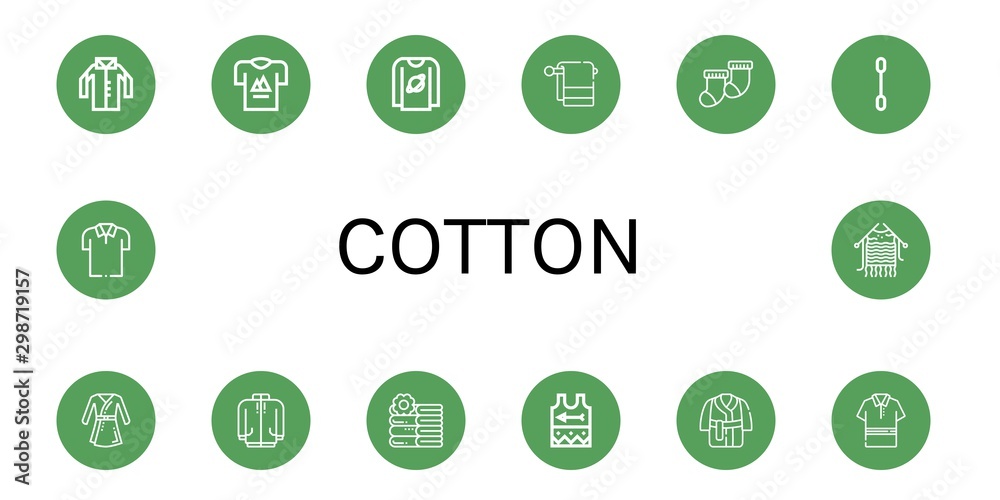 Set of cotton icons such as Shirt, T shirt, Towel, Socks, Cotton swab, Bathrobe, Long sleeve, Towels, Singlet, Bath robe, Polo shirt, Knitting , cotton Set of cotton icons such as Shirt, T shirt, Towel, Socks, Cotton swab, Bathrobe, Long sleeve, Towels, Singlet, Bath robe, Polo shirt, Knitting , cotton