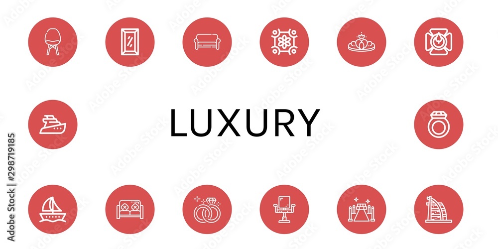 Set of luxury icons such as Chair, Full length mirror, Sofa, Floral design, Crown, Candle holder, Boat, Wedding ring, Red carpet, Burj al arab, Yatch, Ring , luxury Set of luxury icons such as Chair, Full length mirror, Sofa, Floral design, Crown, Candle holder, Boat, Wedding ring, Red carpet, Burj al arab, Yatch, Ring , luxury
