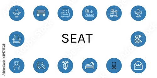 Set of seat icons such as Chair, Bench, Armchair, Living room, Scooter, Golf cart, Divan, Director chair, Disabled , seat