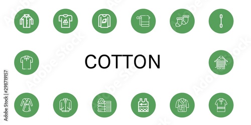 Set of cotton icons such as Shirt, T shirt, Towel, Socks, Cotton swab, Bathrobe, Long sleeve, Towels, Singlet, Bath robe, Polo shirt, Knitting , cotton