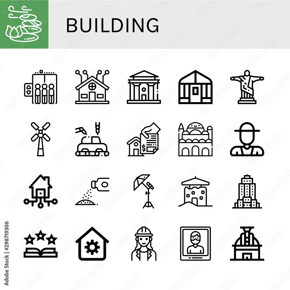 Set of building icons such as Stones, Elevator, Smart home, Courthouse, Greenhouse, Christ the redeemer, Windmill, Manufacture, Home, Cairo citadel, Farmer, Smart house , building