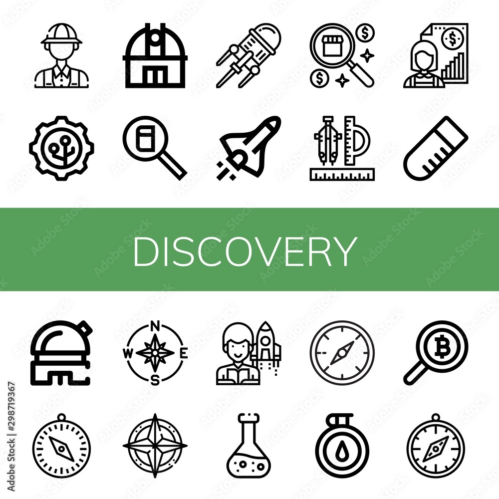 Set of discovery icons such as Archaeologist, Nanotechnology, Observatory, Search, Space shuttle, Compass, Individual, Test tube, Astronomer, Chemical , discovery