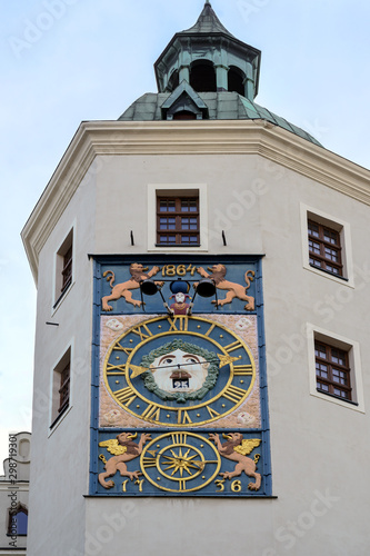 Mechanical clock on a tower of the Ducal Castle in Szczecin, Poland, former seat of the dukes of Pomerania-Stettin