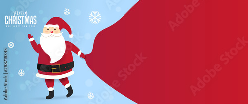 Santa Claus with a huge bag on the walk to delivery christmas gifts at snow fall.Merry Christmas text  Lettering Vector illustration.