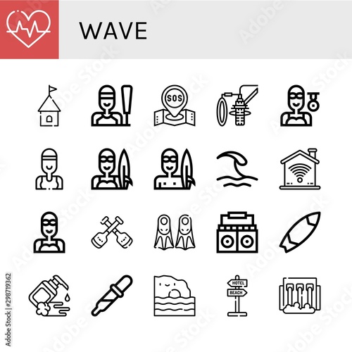 Set of wave icons such as Heartbeat, Tower, Sailing, Sos, Dubbing, Swimmer, Surfer, Wave, Wifi, Paddles, Fins, Radio, Surfboard, Moisturizer, Drop, Algarve, Signaling, Hydro power , wave