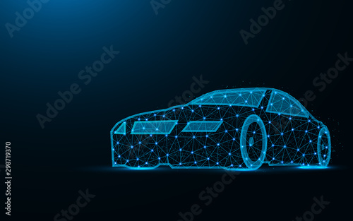 Car low poly design, transport abstract geometric image, driving wireframe mesh polygonal vector illustration made from points and lines on dark blue background