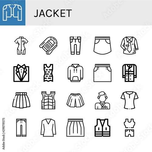 Set of jacket icons such as Coat, Neoprene, Lifeboat, Trousers, Skirt, Uniform, Tuxedo, Clothes, Hoodie, Trench coat, Bulletproof vest, Lifeguard, Blouse, Vest , jacket