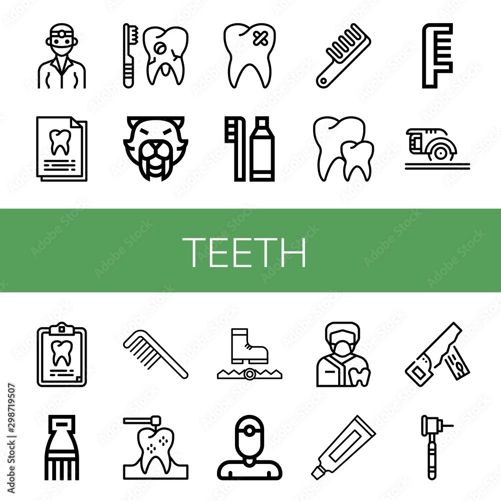 Set of teeth icons such as Dentist, Dental record, Broken tooth, Saber toothed tiger, Dental hygiene, Comb, Teeth, Circular saw, Dental drill, Trap, Toothpaste, Hand saw , teeth