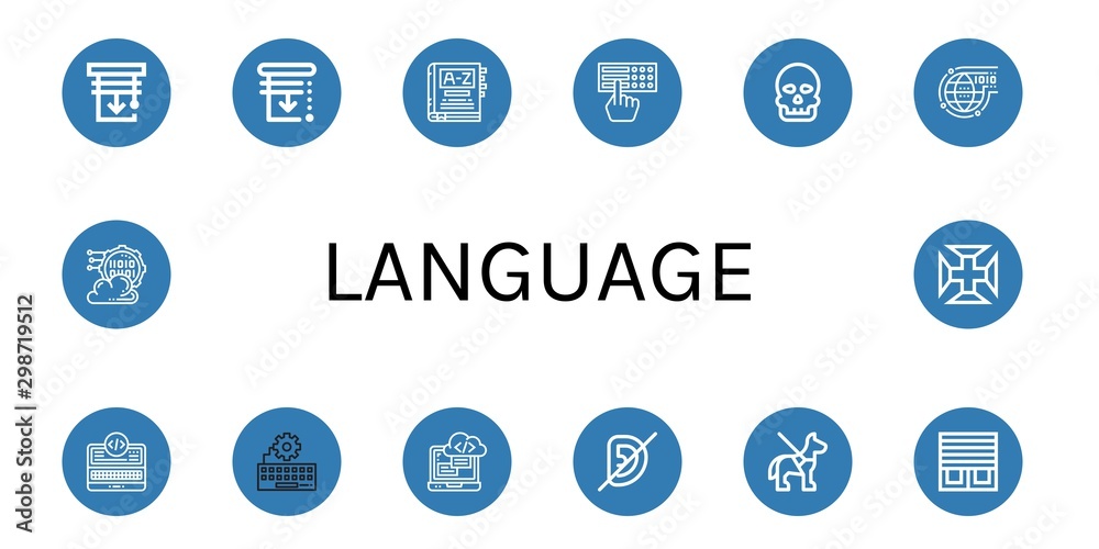 Set of language icons such as Blinds, Dictionary, Braille, Anthropology, Programming, Deaf, Guide dog, Portugal cross , language Set of language icons such as Blinds, Dictionary, Braille, Anthropology, Programming, Deaf, Guide dog, Portugal cross , language