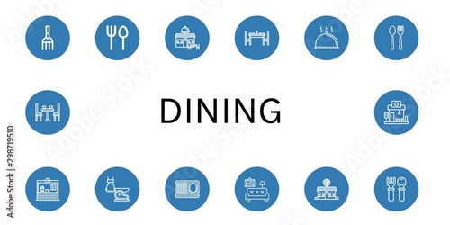 Set of dining icons such as Fork, Cutlery, Restaurant, Dinning table, Cloche, Knife, Meal, Living room, Pizza shop, Dinner table , dining