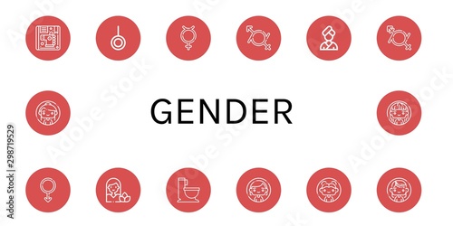 Set of gender icons such as Children, Neutral, Hermaphrodite, Gender fluid, Woman, Male, Wc , gender