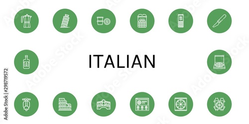 Set of italian icons such as Moka pot, Leaning tower of pisa, Coffee capsule, Cheese balls, Pasta, Slice, Vespa, Coliseum, Rialto bridge, Pizza, Pizza deliver, Balsamic vinegar , italian