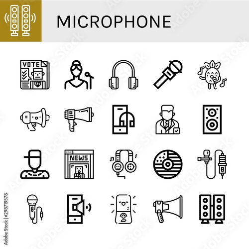 Set of microphone icons such as Speakers, Newspaper, Singer, Headphones, Microphone, Singing, Megaphone, Headphone, Politician, Speaker, Rapper, News, Cd, Lavalier , microphone