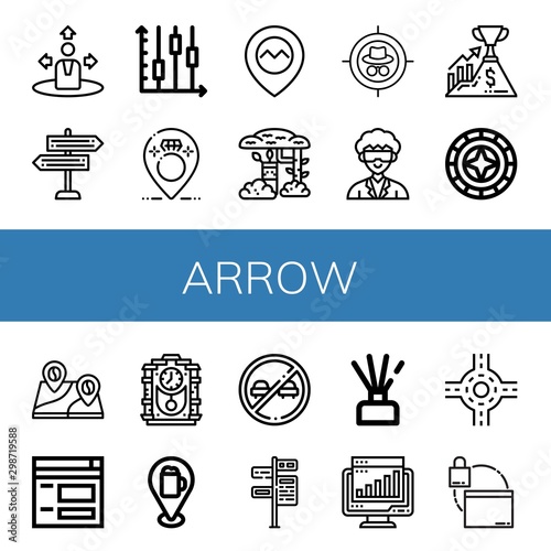 Set of arrow icons such as Navigation, Signpost, Candlestick, Wedding, Gps, Camouflage, Target, Researcher, Success, Windrose, Location, Website, Cuckoo clock, Pin, No overtaking , arrow