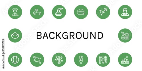 Set of background icons such as Chef, Car, Flask, Alarm clock, Cursor, Waiter, Beach ball, Gender fluid, Bass guitar, Lightbulb, Creativity, Pyramids, Bean bag, Quill , background