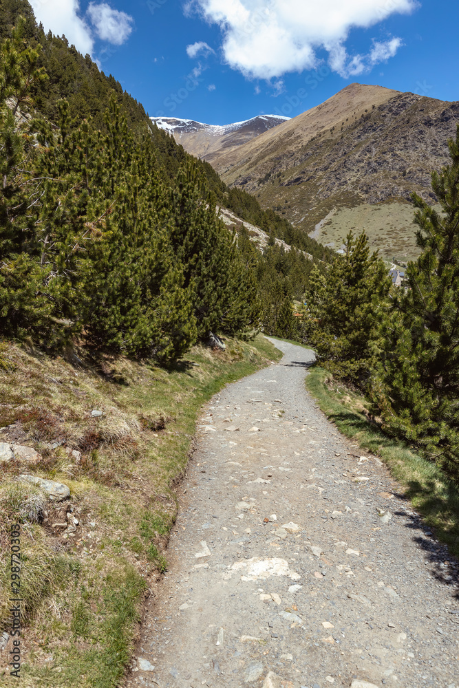 Road in very nice valley from Spain, mountain Pyrenees (name Vall de Nuria)