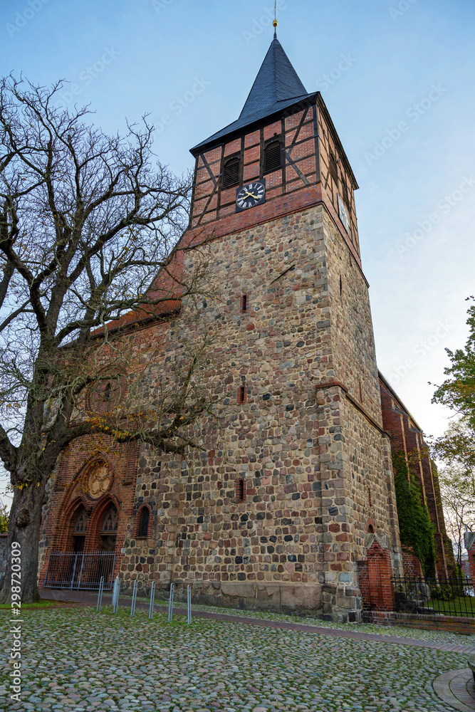 Naklejka premium Saint Mary Church of Strasburg Uckermark within Vorpommern-Greifswald district in Germany, built from field stones and half-timbering with bricks