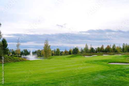Landscape. Golf course with trees, shrubs, lake, bridge and fountain.