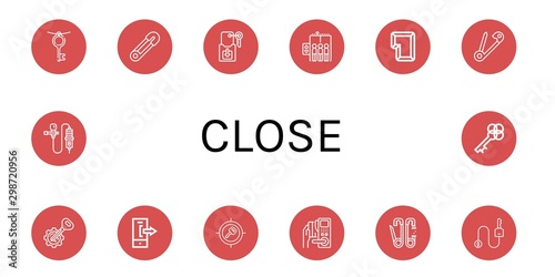 Set of close icons such as Key, Safety pin, Elevator, Logout, Lavalier , close
