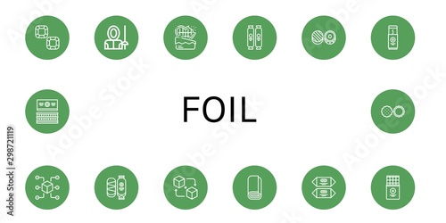 Set of foil icons such as Chocolate, Fencer, Chocolate bar, Packet, Roll, Gum , foil