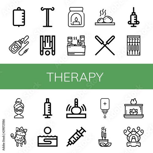 Set of therapy icons such as Iv bag, Serum, Iv pole, Inversion therapy, Aroma, Sauna, Lithotherapy, Acupuncture, Syringe, Needle, Facial mask, Facial treatment, Thalassotherapy , therapy
