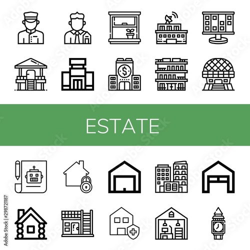 Set of estate icons such as Doorman, Hut, Real estate, Shopping mall, Window, Company, Building, Planning, Modern architecture, Plan, Wooden house, Home, House, Garage , estate