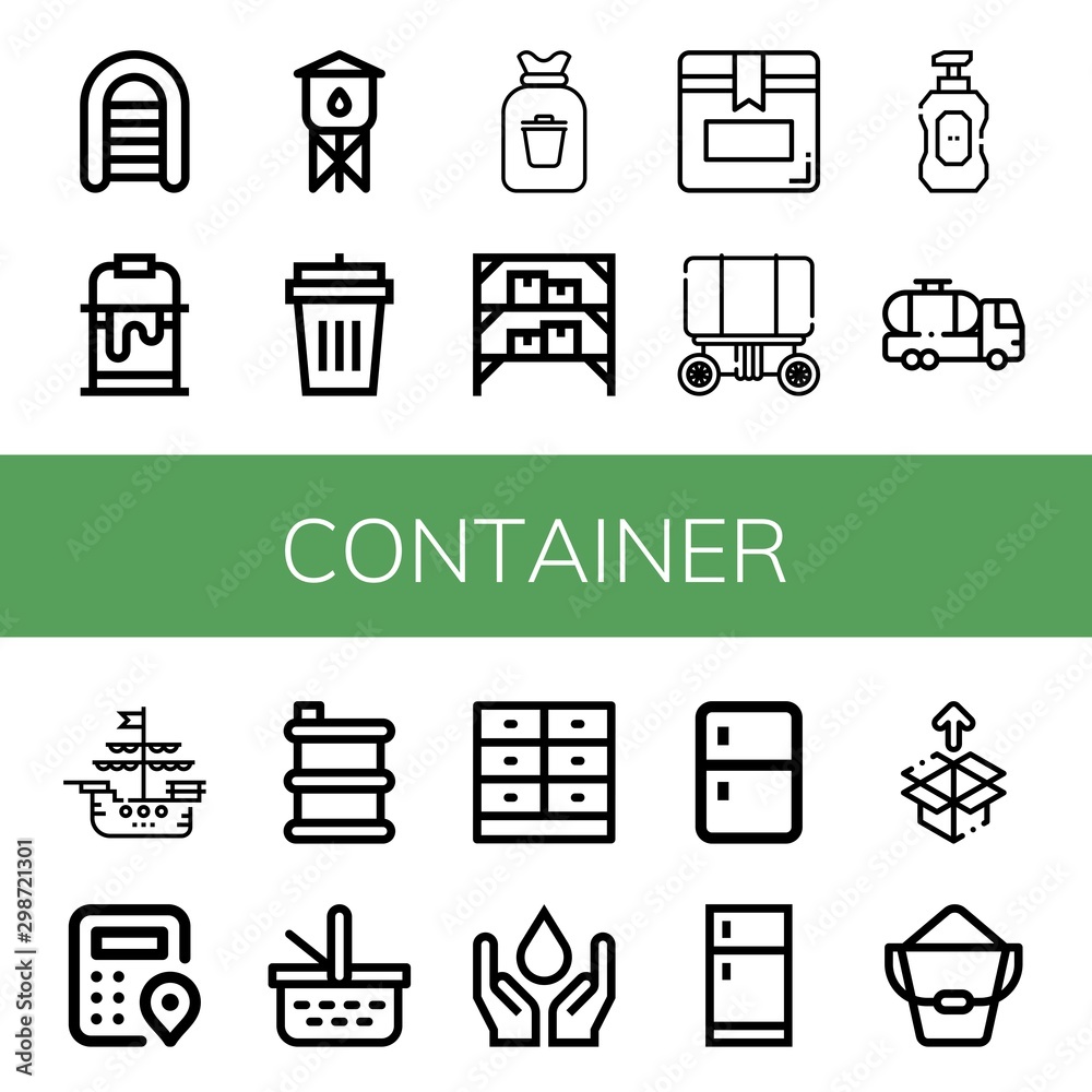 Set of container icons such as Inflatable boat, Paint bucket, Water ...