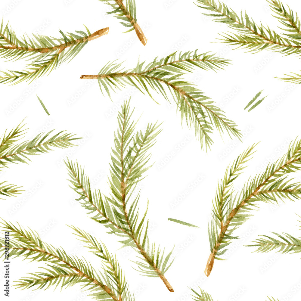 Watercolor pattern of Christmas-tree branch and prickles. Hand-drawn illustration on the white background Watercolor pattern of Christmas-tree branch and prickles. Hand-drawn illustration on the white background