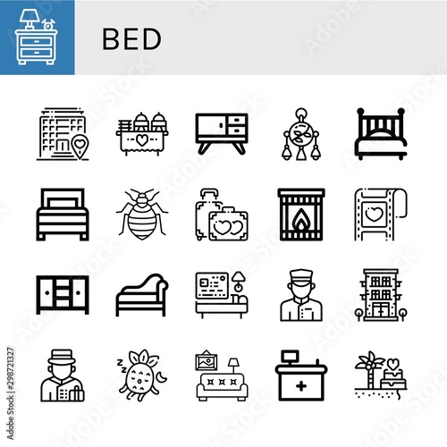 Set of bed icons such as Nightstand, Hotel, Wedding, Furniture, Mobile toy, Bed, Bed bug, Honeymoon, Fireplace, Closet, Divan, Doorman, Bellboy, Sleeping, Living room, Front desk ,