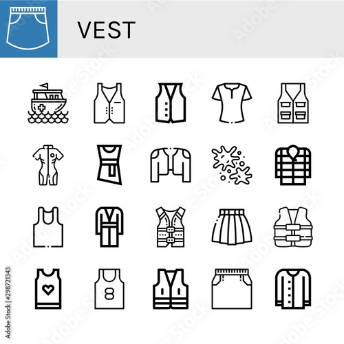 Set of vest icons such as Skirt, Rescue boat, Vest, Blouse, Neoprene, Coat, Paintball, Anorak, Undershirt, Life jacket, Life vest, Tank top, Cardigan ,