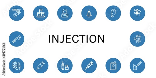 Set of injection icons such as Diabetes, Shots, Veterinarian, Syringe, Otoplasty, Needle, Blood bag, Vaccine, Vaccination, Facial treatment , injection