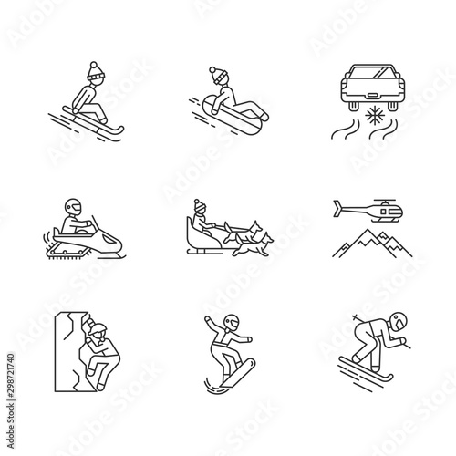 Extreme winter activity linear icons set. Risky sport, adventure. Snowmobiling, ice climbing, sledding, snow tubing. Thin line contour symbols. Isolated vector outline illustrations. Editable stroke