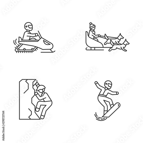 Extreme winter activity linear icons set. Risky sport, adventure. Snowboarding, ice climbing, snowmobiling and dog sledding. Thin line symbols. Isolated vector outline illustrations. Editable stroke