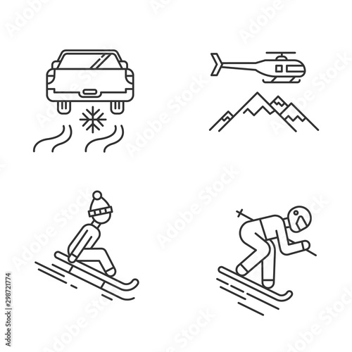 Extreme winter activity linear icons set. Cold season outdoor leisure and recreation. Ice driving, sledding. Thin line contour symbols. Isolated vector outline illustrations. Editable stroke