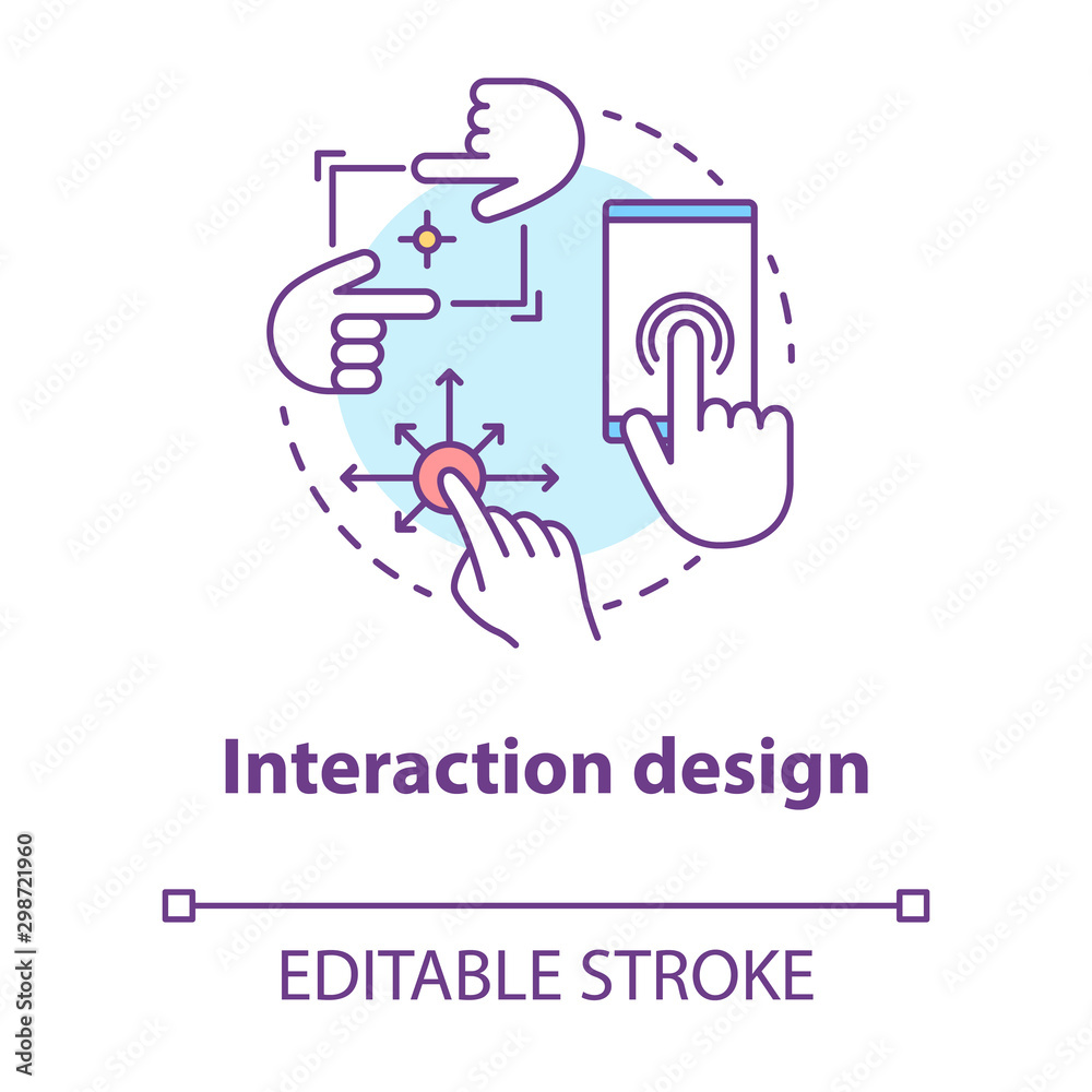 Interaction design concept icon. Mobile device software interface development idea thin line illustration. App graphics for better user experience. Vector isolated outline drawing. Editable stroke